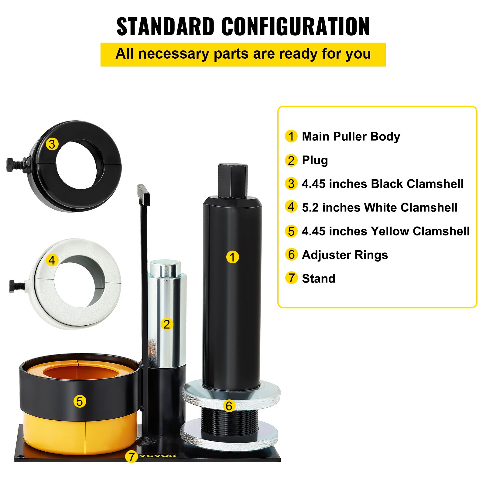 Extractor de cojinetes de piñón y portador VEVOR con componentes etiquetados y configuración estándar.