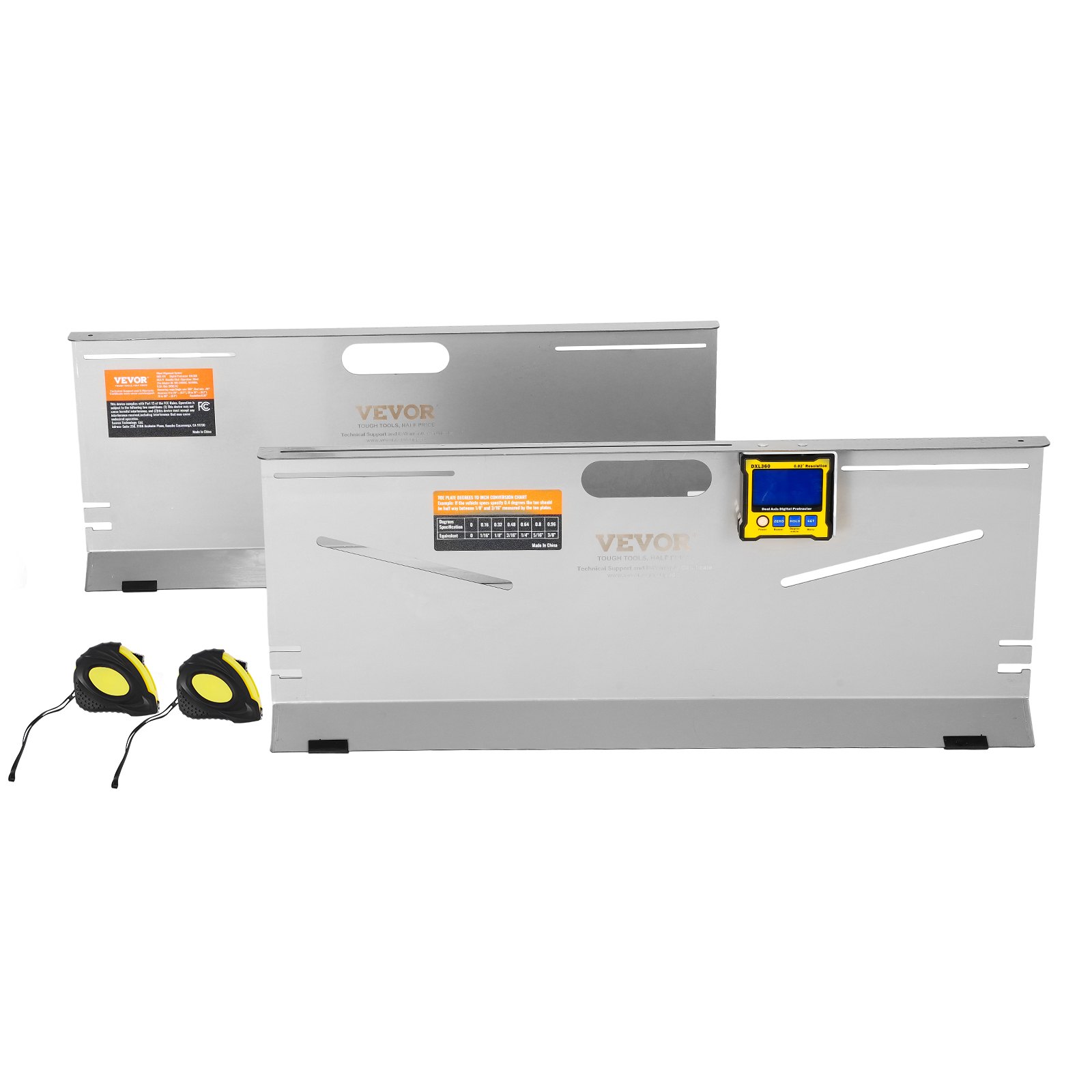 Herramienta de alineación de ruedas VEVOR, paquete de 2 placas de convergencia, calibre de inclinación/avance/convergencia con precisión de 0,1°, placa de acero inoxidable, ranuras magnéticas y 6 varillas de alineación, incluye 2 cintas métricas y tabla de conversión.