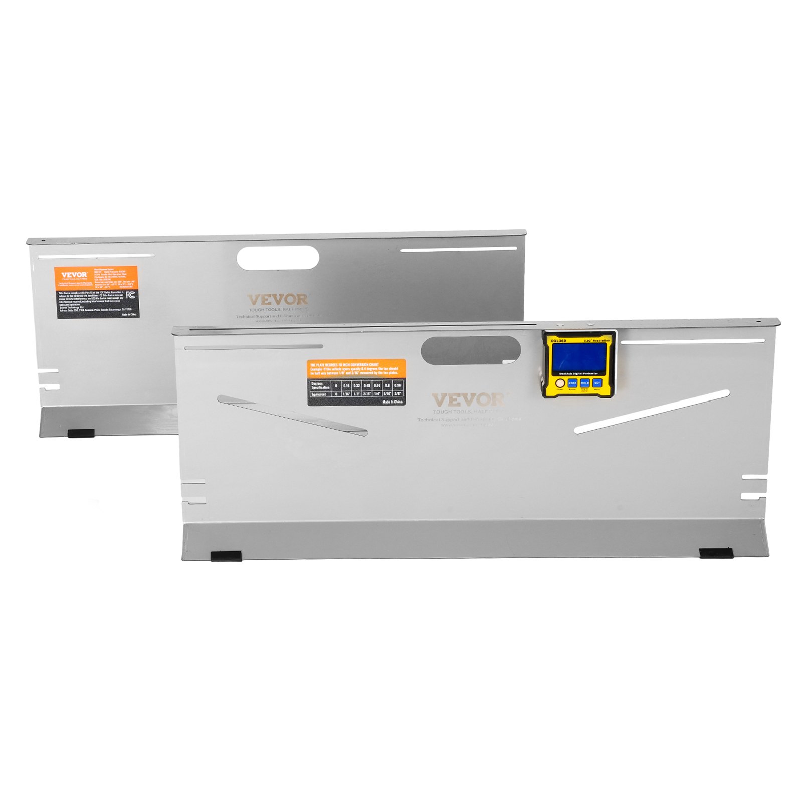 Herramienta de alineación de ruedas VEVOR, paquete de 2 placas de convergencia, calibre de inclinación/avance/convergencia con precisión de 0,1°, placa de acero inoxidable, ranuras magnéticas y 6 varillas de alineación, incluye 2 cintas métricas y tabla de conversión.