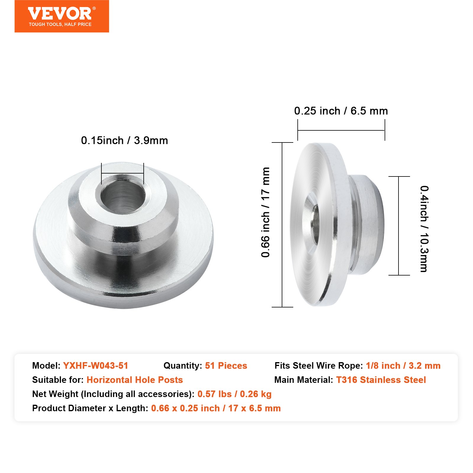 Dimensiones y detalles de peso neto del kit de barandilla de cable VEVOR para postes con orificios horizontales.
