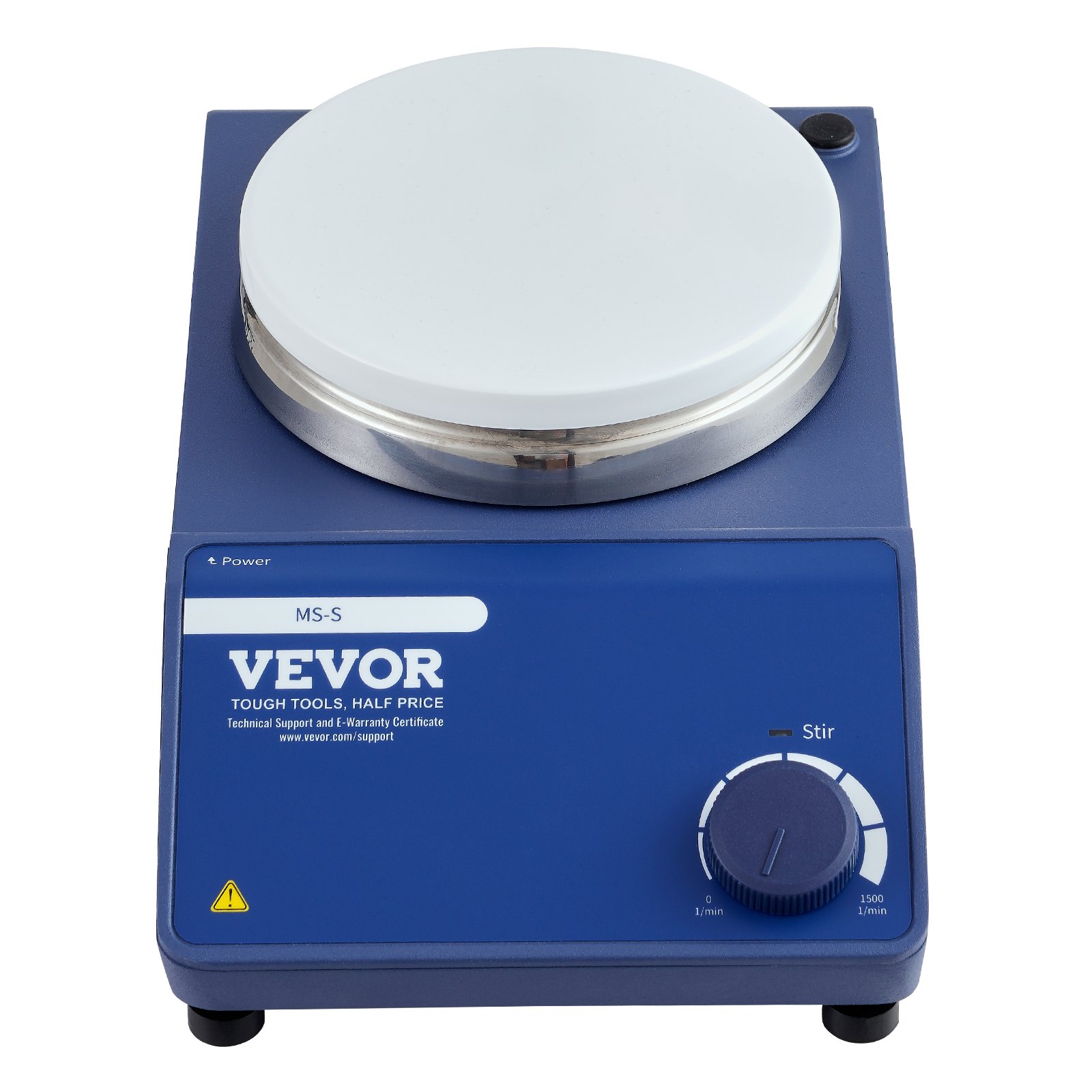 Agitador magnético VEVOR con base azul, tapa de cerámica blanca y perilla de control de velocidad ajustable.