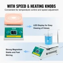 Placa calefactora con agitador magnético VEVOR, máx. 100 °C, 0-2000 RPM, 2000 ml, pantalla LED, soporte y barras de agitación incluidas, potencia de calentamiento de 500 W.