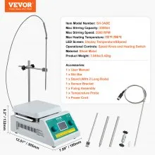Placa calefactora con agitador magnético VEVOR, máx. 100 °C, 0-2000 RPM, 2000 ml, pantalla LED, soporte y barras de agitación incluidas, potencia de calentamiento de 500 W.