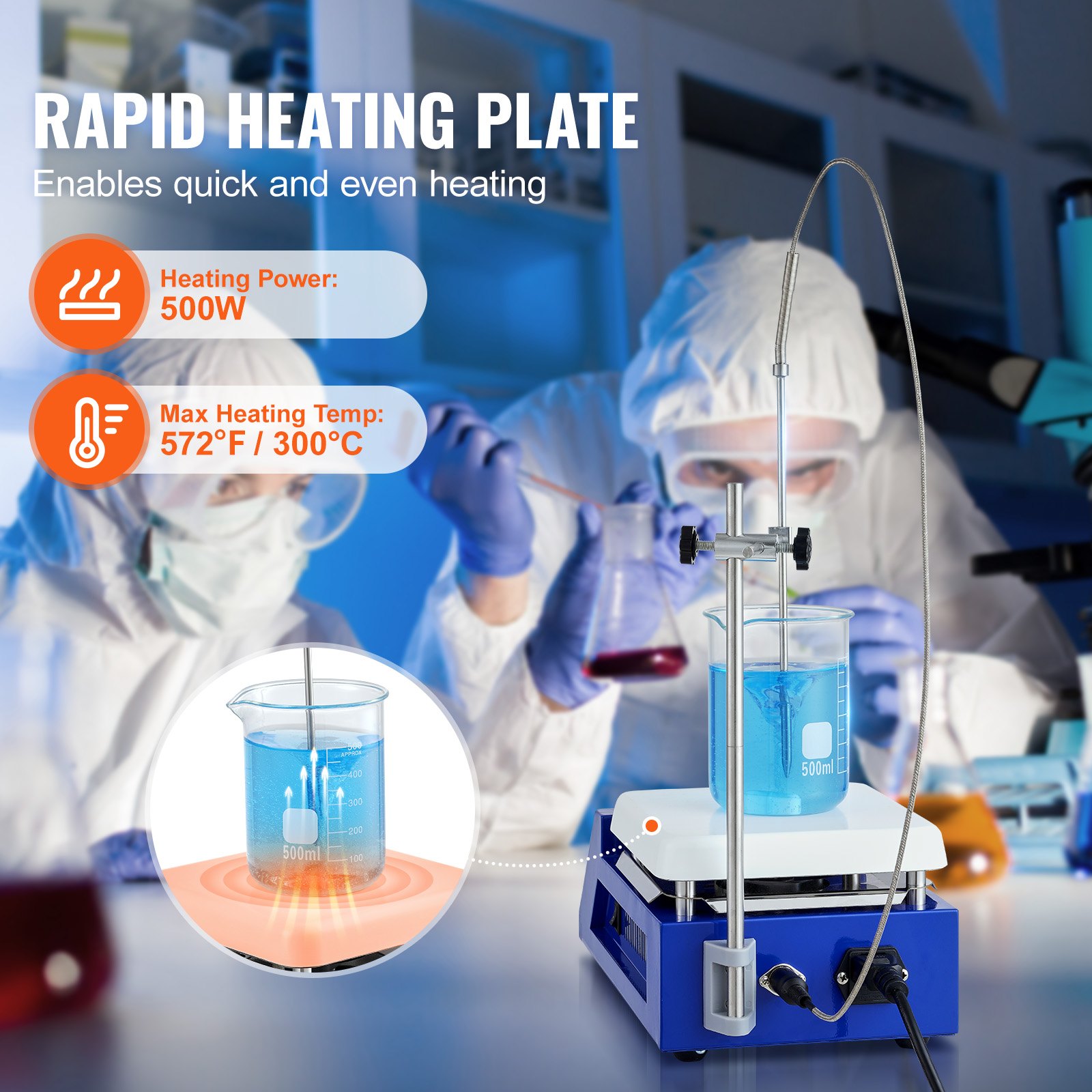 La placa calefactora agitadora magnética VEVOR presenta un calentamiento rápido, una potencia de 500 W y un control de temperatura de hasta 310 °C.