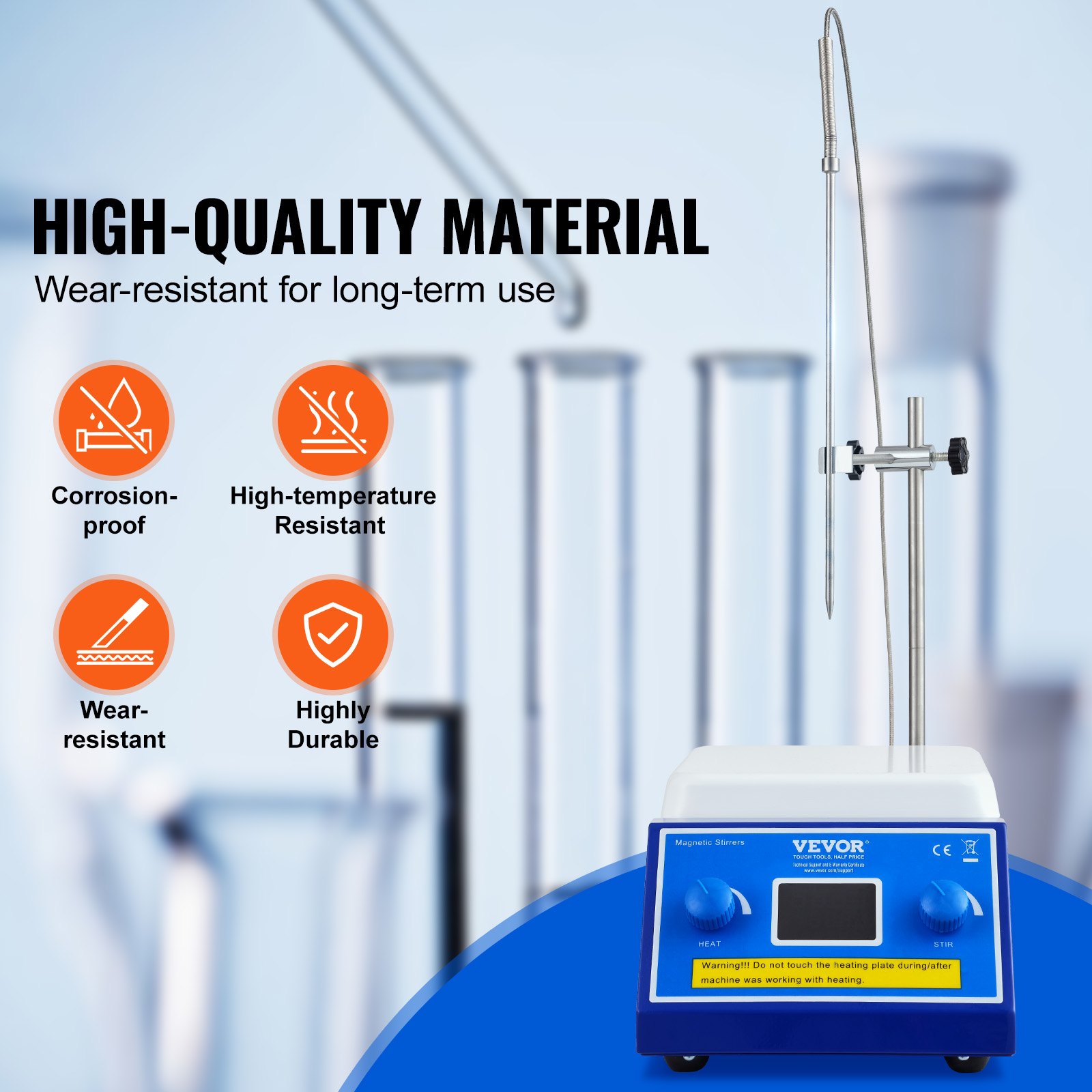 Placa calefactora agitadora magnética VEVOR con íconos de durabilidad, pipetas y características de material de alta calidad.