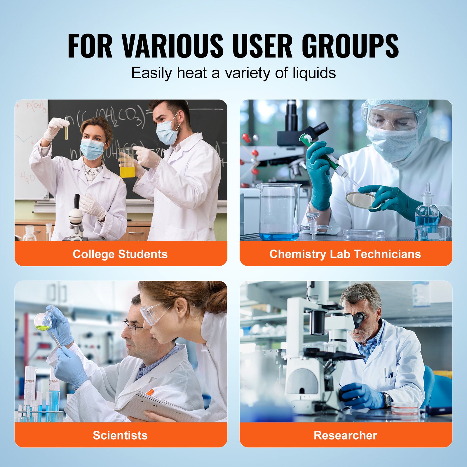 para varios grupos de usuarios, calentar fácilmente una variedad de líquidos; estudiantes universitarios, técnicos de laboratorio de química, científicos, investigadores.