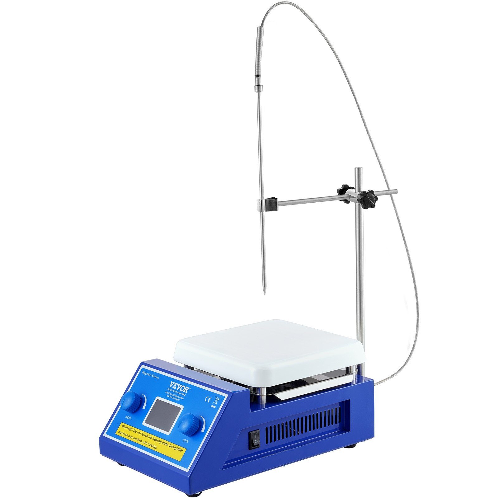 Placa calefactora agitadora magnética VEVOR con soporte ajustable, pantalla LCD y configuración de base azul.