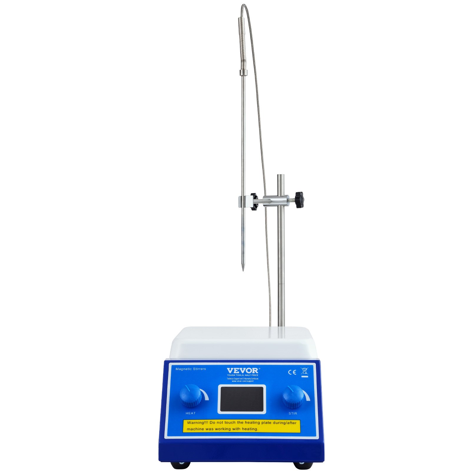 Agitador magnético de placa calefactora VEVOR con soporte ajustable y pantalla digital, ideal para uso en laboratorio.