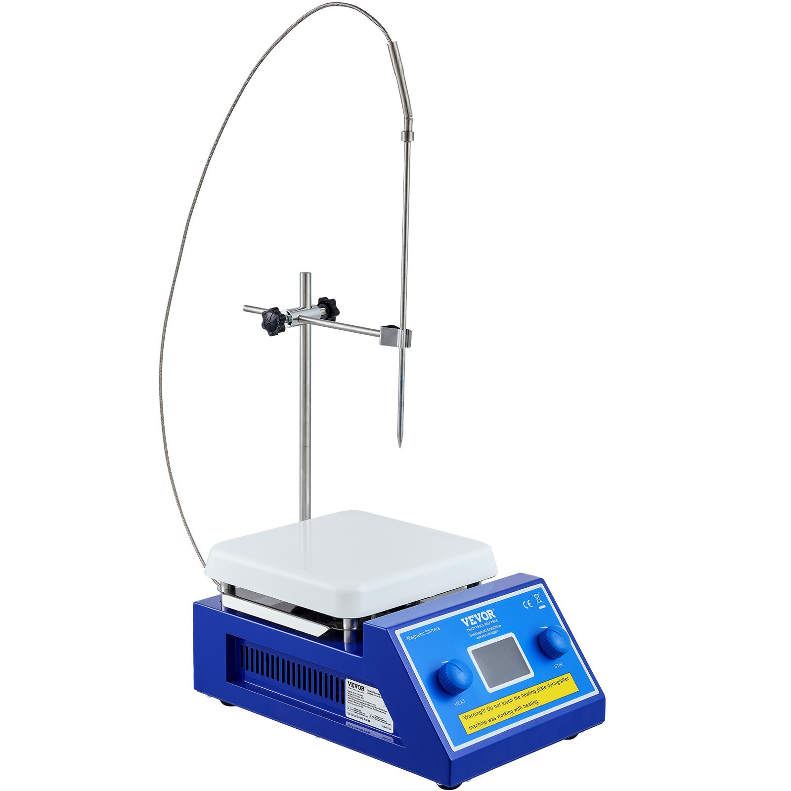 Placa calefactora agitadora magnética VEVOR con pantalla LCD y soporte de metal ajustable para uso en laboratorio.