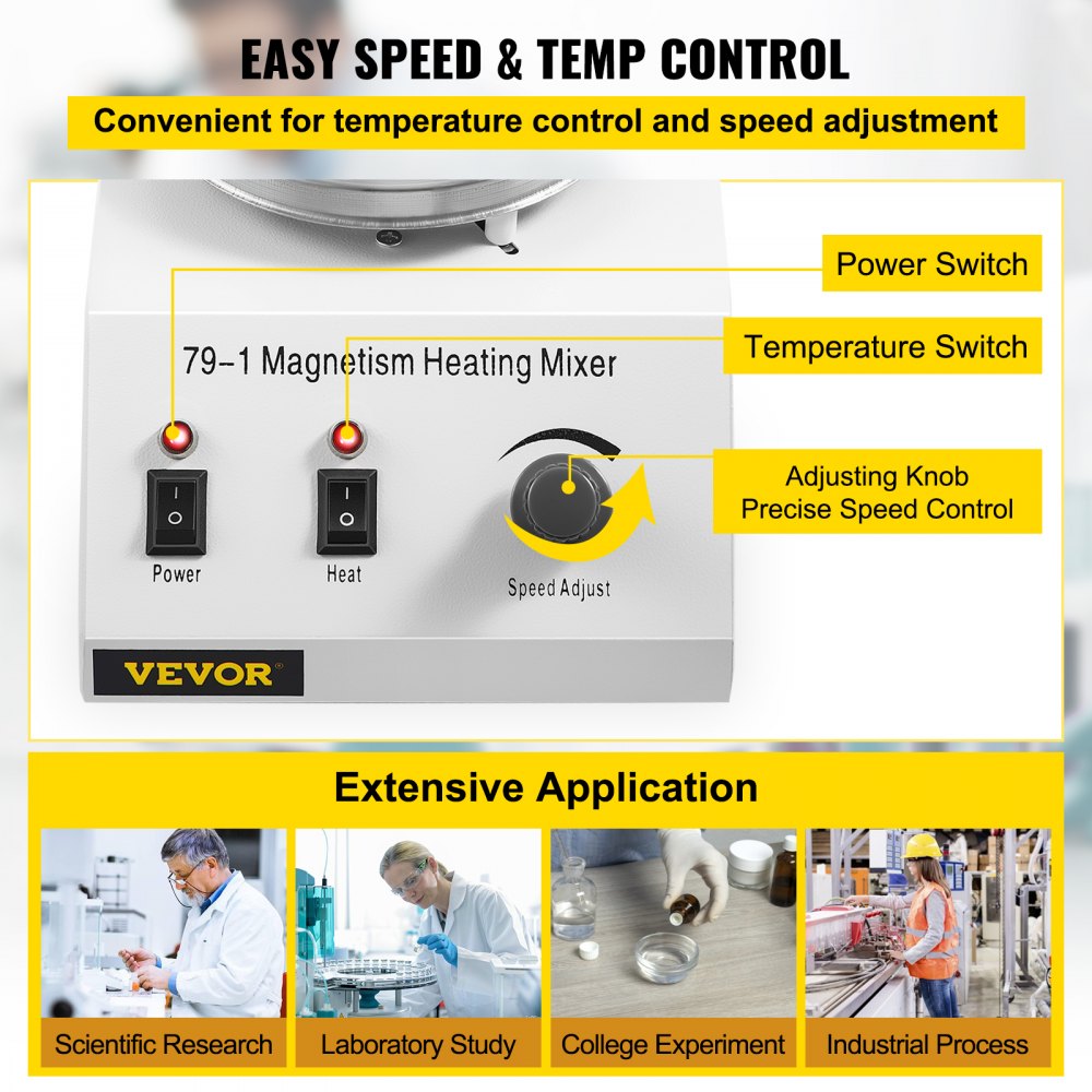 Placa calefactora agitadora magnética VEVOR con diales de control de velocidad y temperatura y amplias aplicaciones.