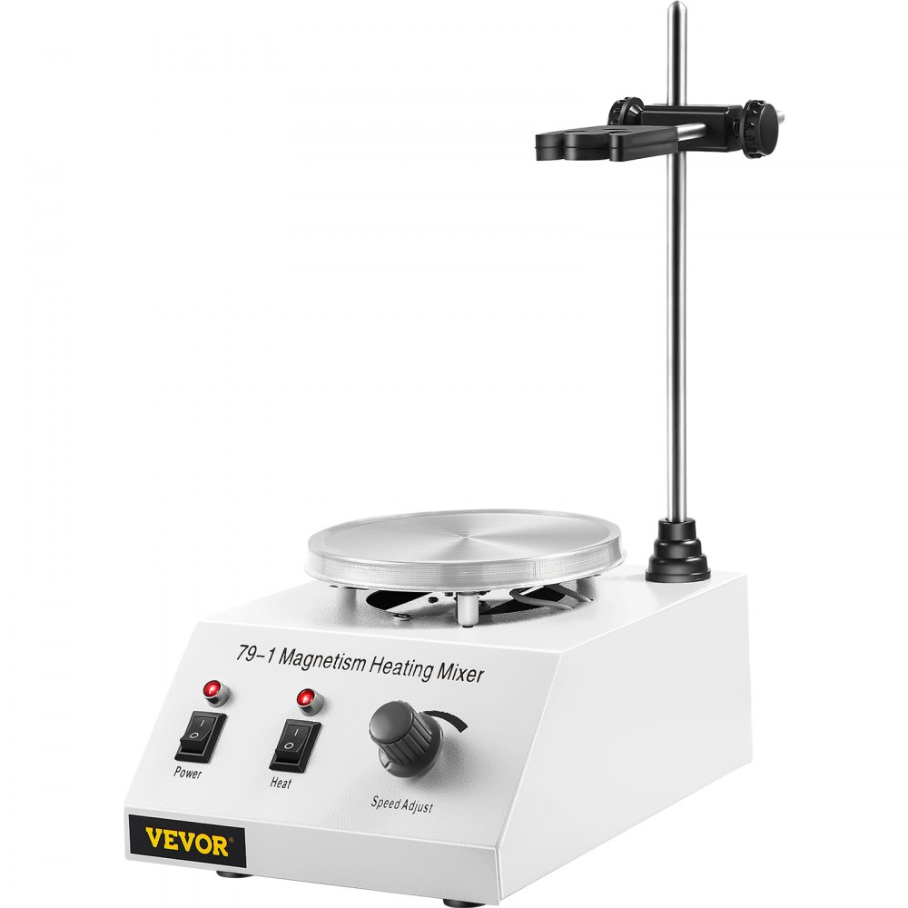 Placa calefactora agitadora magnética VEVOR con soporte ajustable y perillas de control.