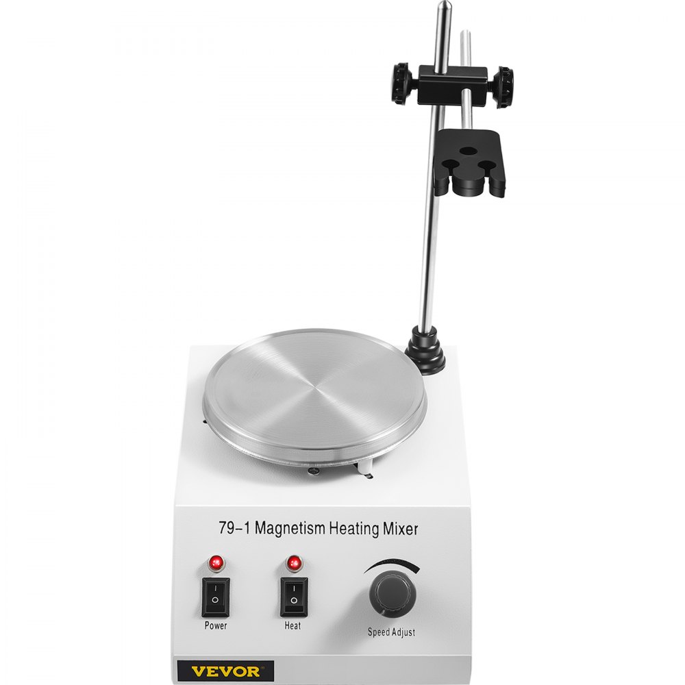 Placa agitadora magnética VEVOR con control de calentamiento y velocidad en blanco y plata.