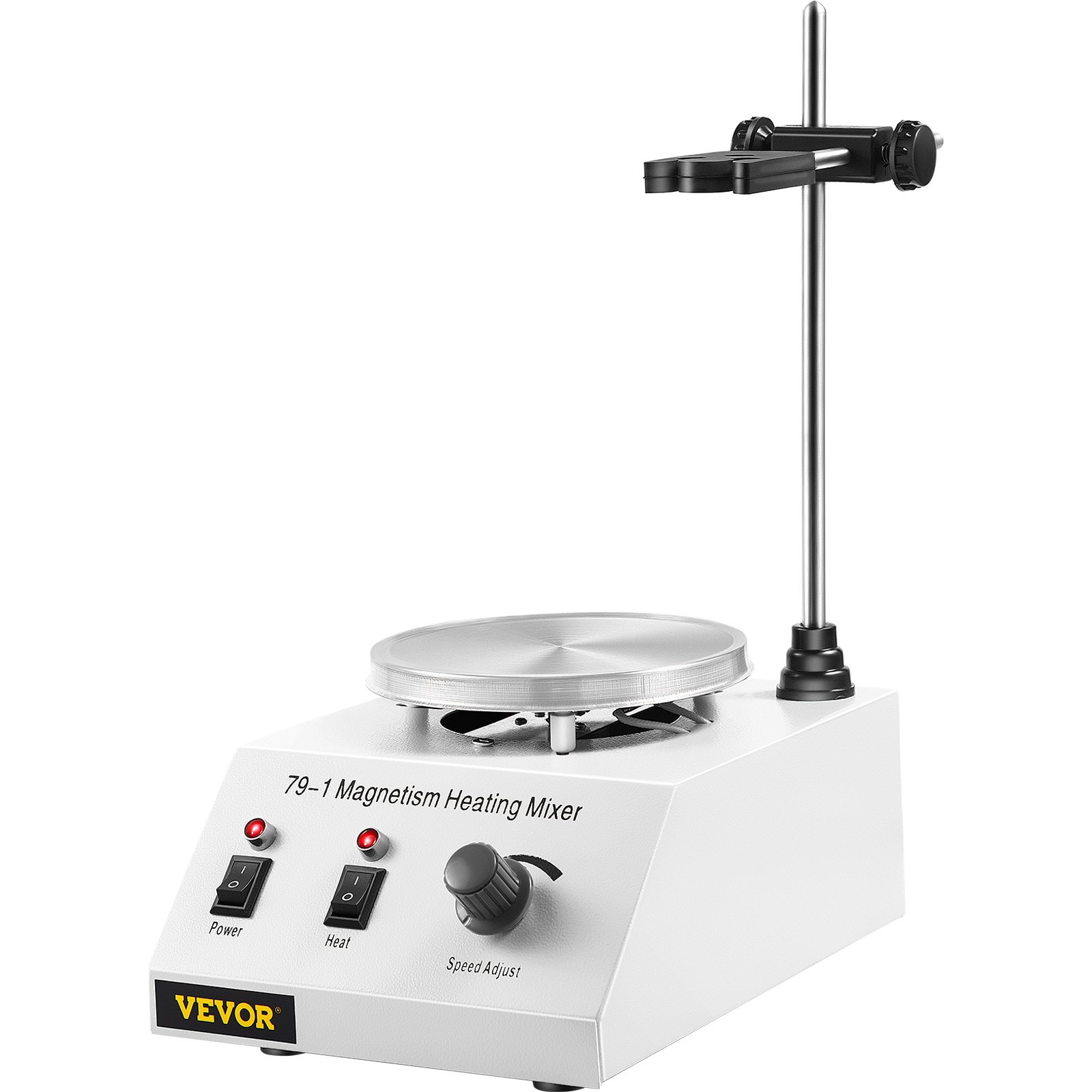 Placa calefactora agitadora magnética VEVOR con soporte ajustable y perillas de control.