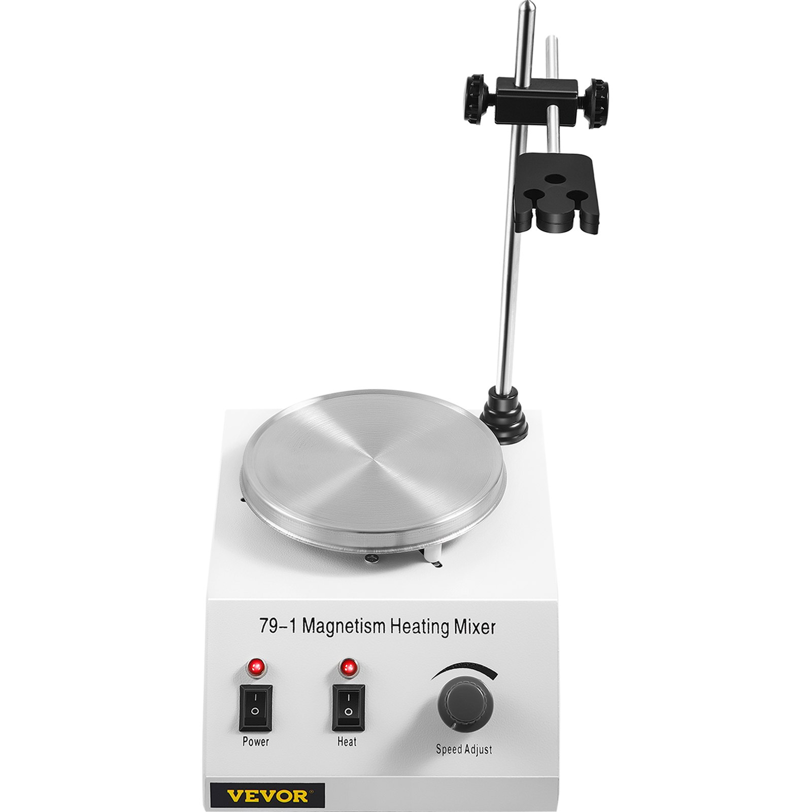 Placa agitadora magnética VEVOR con control de calentamiento y velocidad en blanco y plata.