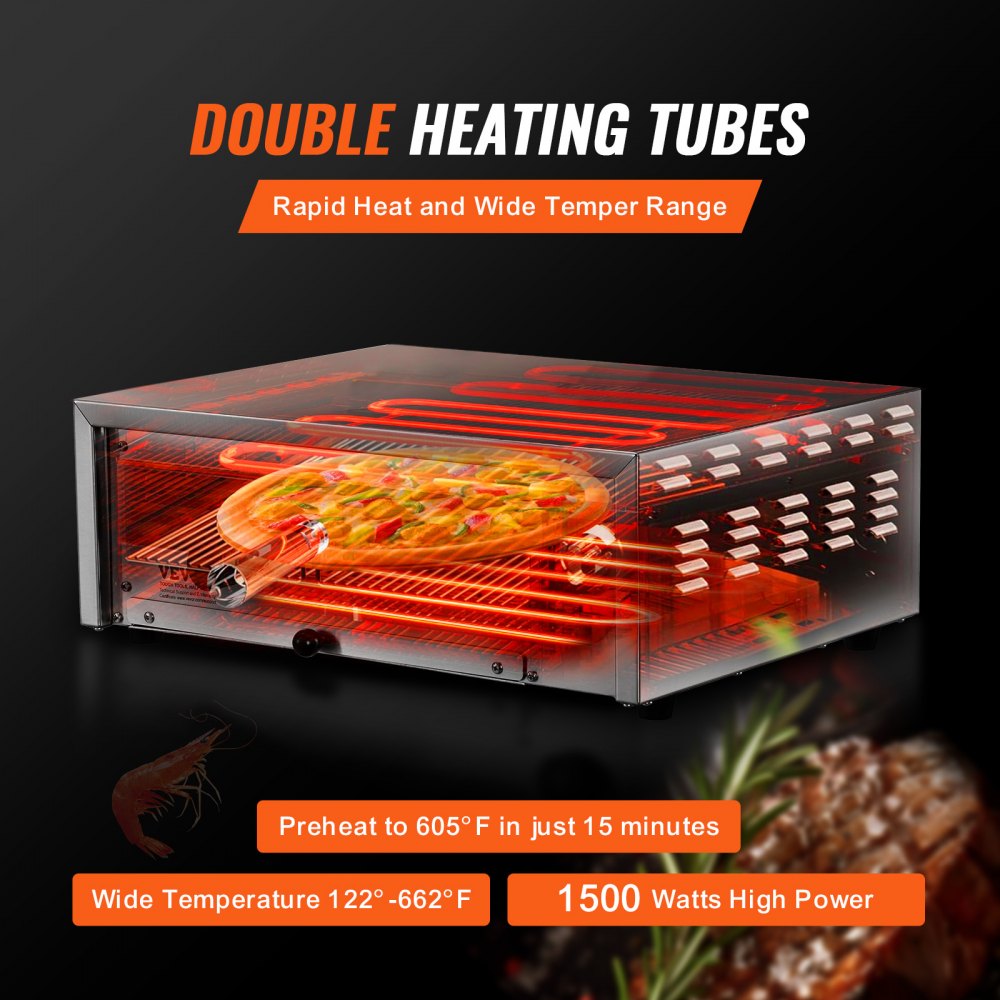 Horno de pizza eléctrico de encimera VEVOR, 30 cm, 1500 W, rango de temperatura de 50 a 290 °C, construcción de acero inoxidable y bandeja recogemigas fácil de limpiar, apto para uso comercial y doméstico.