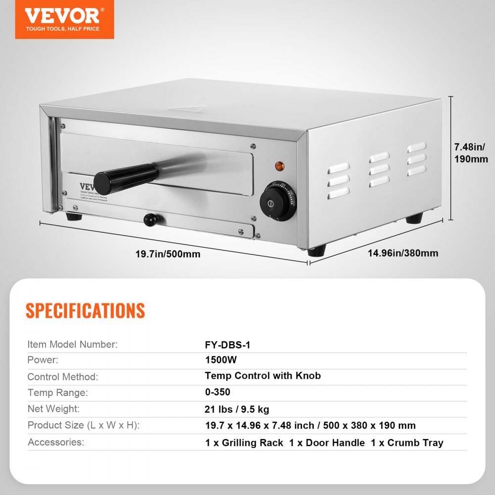 Horno de pizza eléctrico de encimera VEVOR, 30 cm, 1500 W, rango de temperatura de 50 a 290 °C, construcción de acero inoxidable y bandeja recogemigas fácil de limpiar, apto para uso comercial y doméstico.