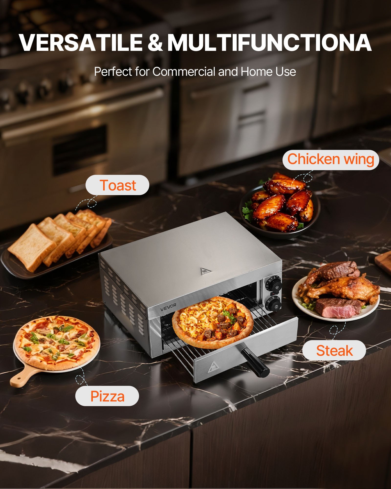 Horno eléctrico de pizza VEVOR para encimera, 30 cm, 1500 W, con control de temperatura y temporizador de 0 a 60 minutos, tecnología de horneado uniforme y bandeja recogemigas fácil de limpiar, ideal para cocinas comerciales y domésticas.