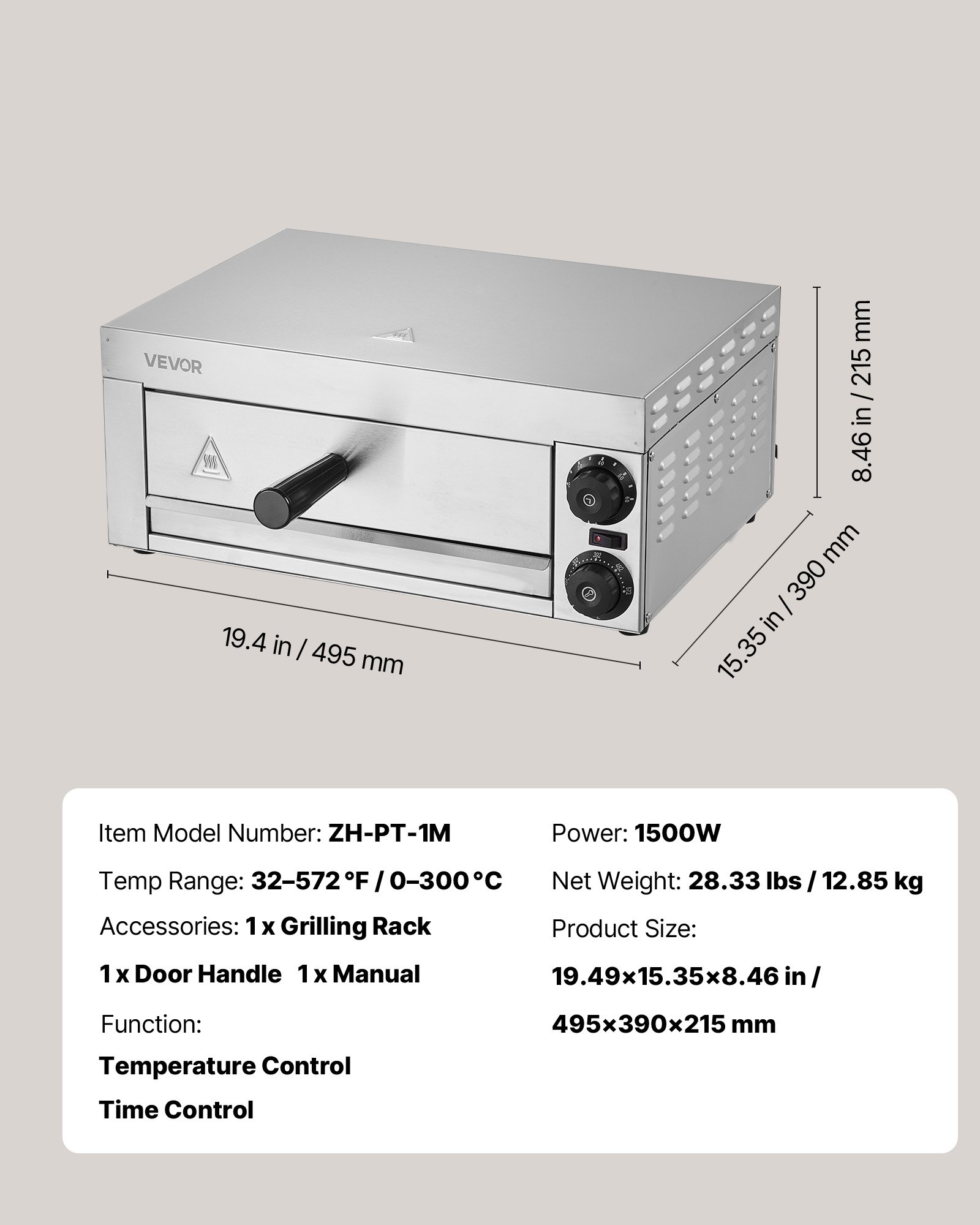 Horno eléctrico de pizza VEVOR para encimera, 30 cm, 1500 W, con control de temperatura y temporizador de 0 a 60 minutos, tecnología de horneado uniforme y bandeja recogemigas fácil de limpiar, ideal para cocinas comerciales y domésticas.