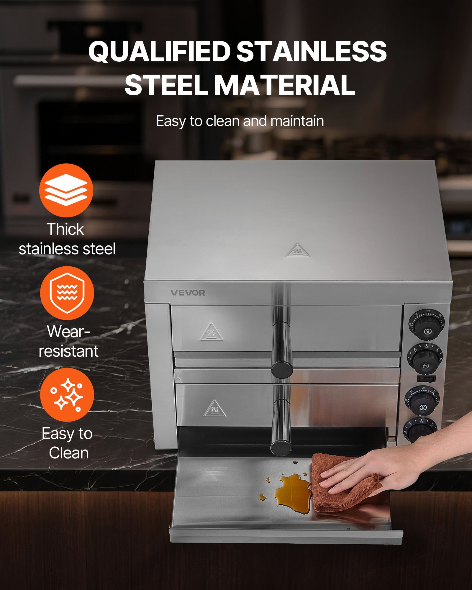 Horno eléctrico de pizza VEVOR para encimera, 30 cm, 1700 W, con control de temperatura y temporizador de 0 a 60 minutos, tecnología de horneado uniforme y bandeja recogemigas fácil de limpiar, ideal para cocinas comerciales y domésticas.