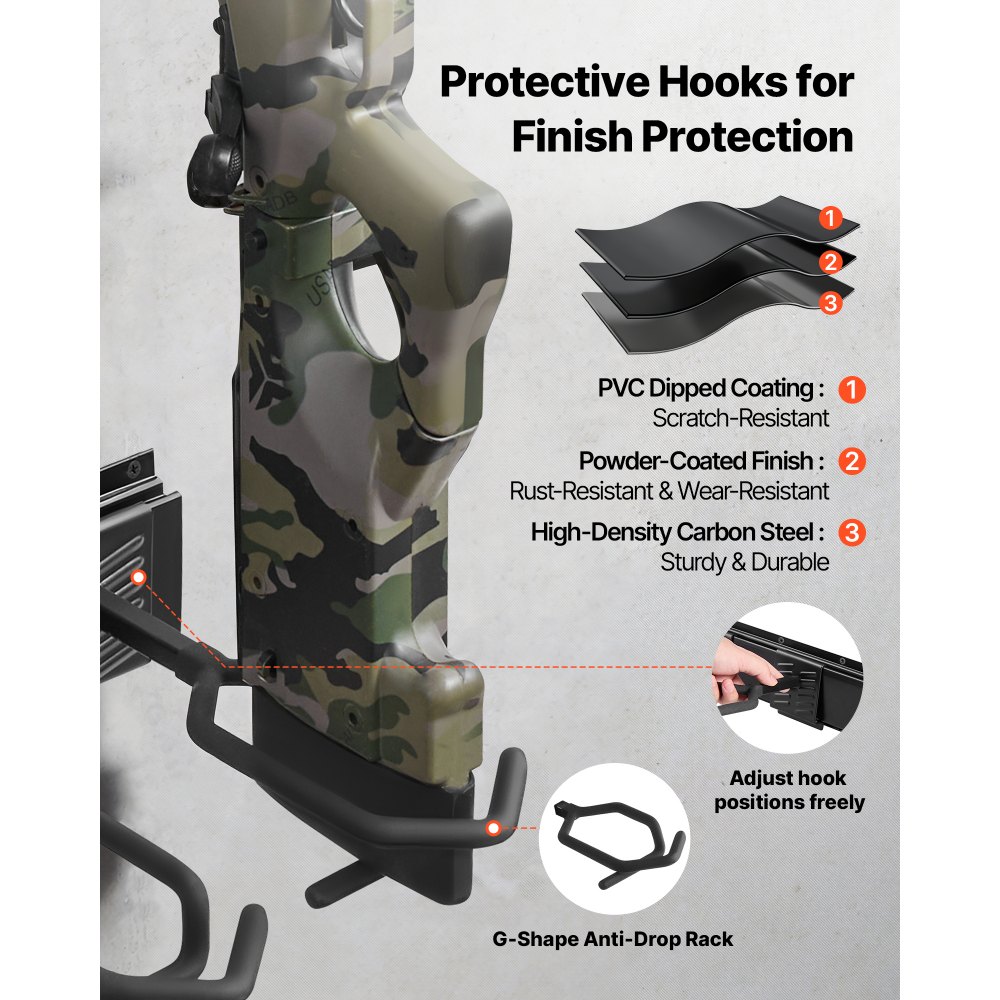 VEVOR Estante de Montaje en Pared para Armas de Fuego, Capacidad de 8 Escopetas, Soporte de Almacenamiento para Rifles, Ganchos Ajustables, Acero al Carbono, para Exhibición Garaje Taller Tienda Hogar