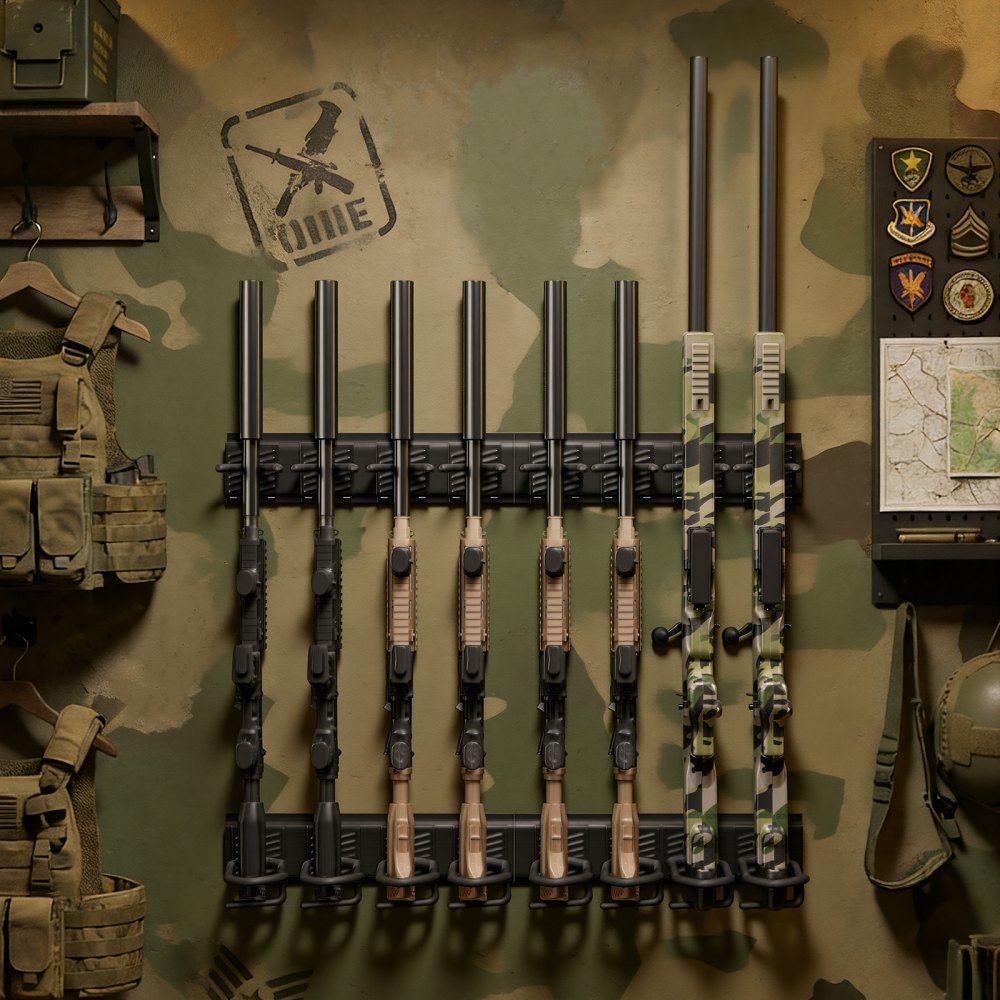VEVOR Estante de Montaje en Pared para Armas de Fuego, Capacidad de 8 Escopetas, Soporte de Almacenamiento para Rifles, Ganchos Ajustables, Acero al Carbono, para Exhibición Garaje Taller Tienda Hogar