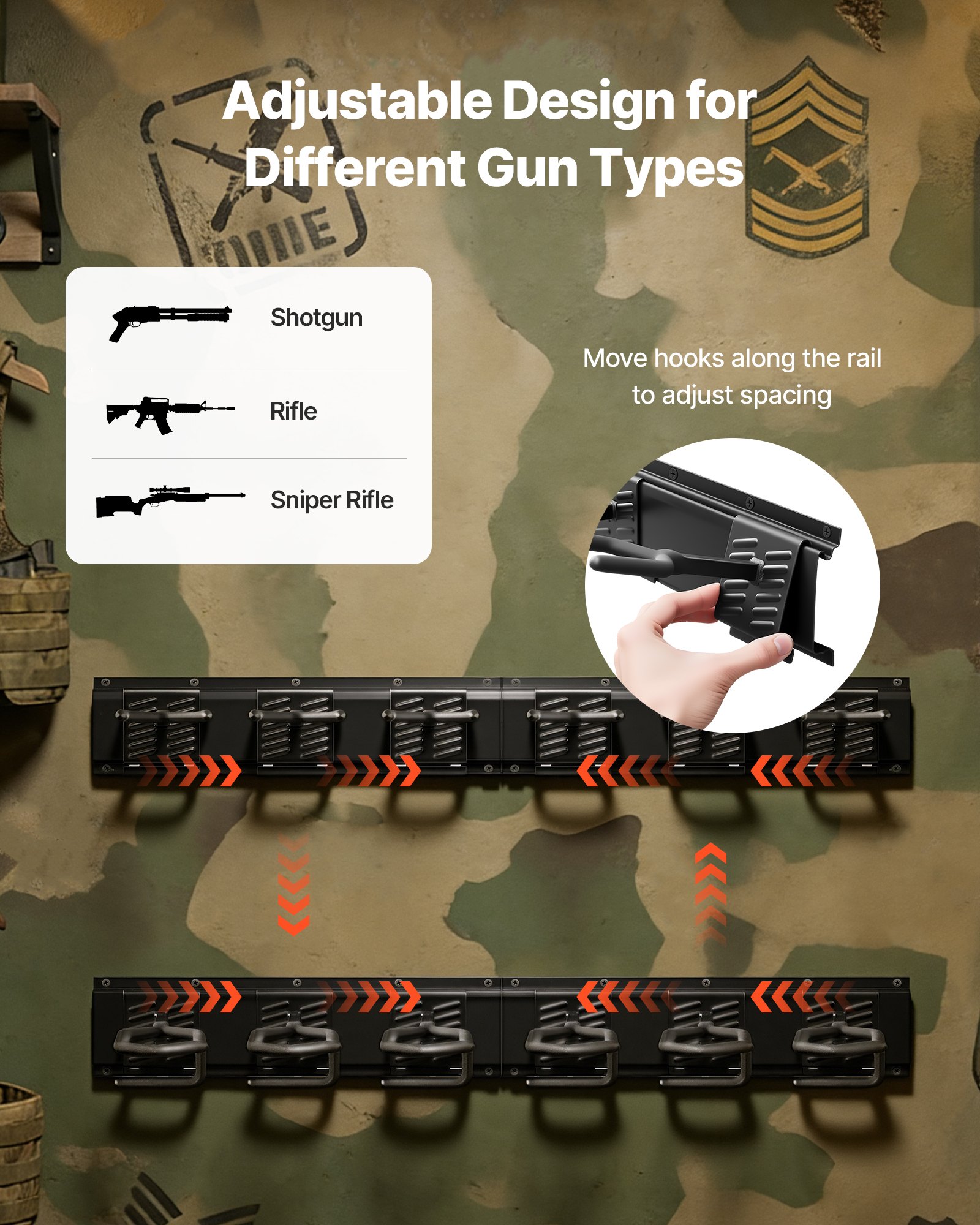 VEVOR Estante de Montaje en Pared para Armas de Fuego, Capacidad de 8 Escopetas, Soporte de Almacenamiento para Rifles, Ganchos Ajustables, Acero al Carbono, para Exhibición Garaje Taller Tienda Hogar