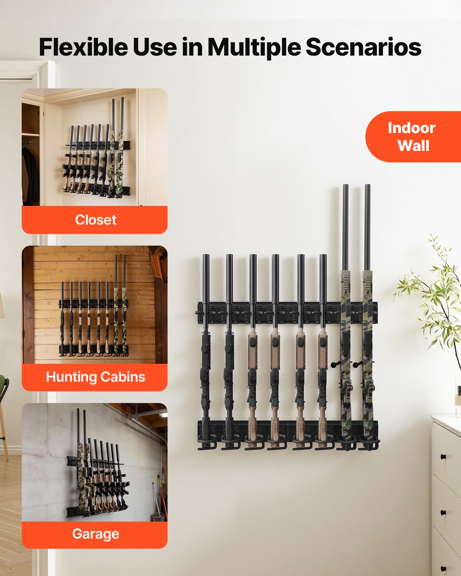 VEVOR Estante de Montaje en Pared para Armas de Fuego, Capacidad de 8 Escopetas, Soporte de Almacenamiento para Rifles, Ganchos Ajustables, Acero al Carbono, para Exhibición Garaje Taller Tienda Hogar