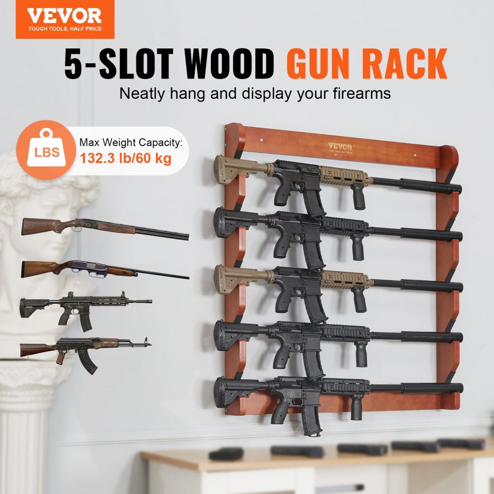 VEVOR Estante para armas, soporte de pared para armas de madera, estante para exhibición de armas con capacidad para 5 rifles, escopetas, estante para rifles de almacenamiento de pared resistente de 132 lb con acolchado suave