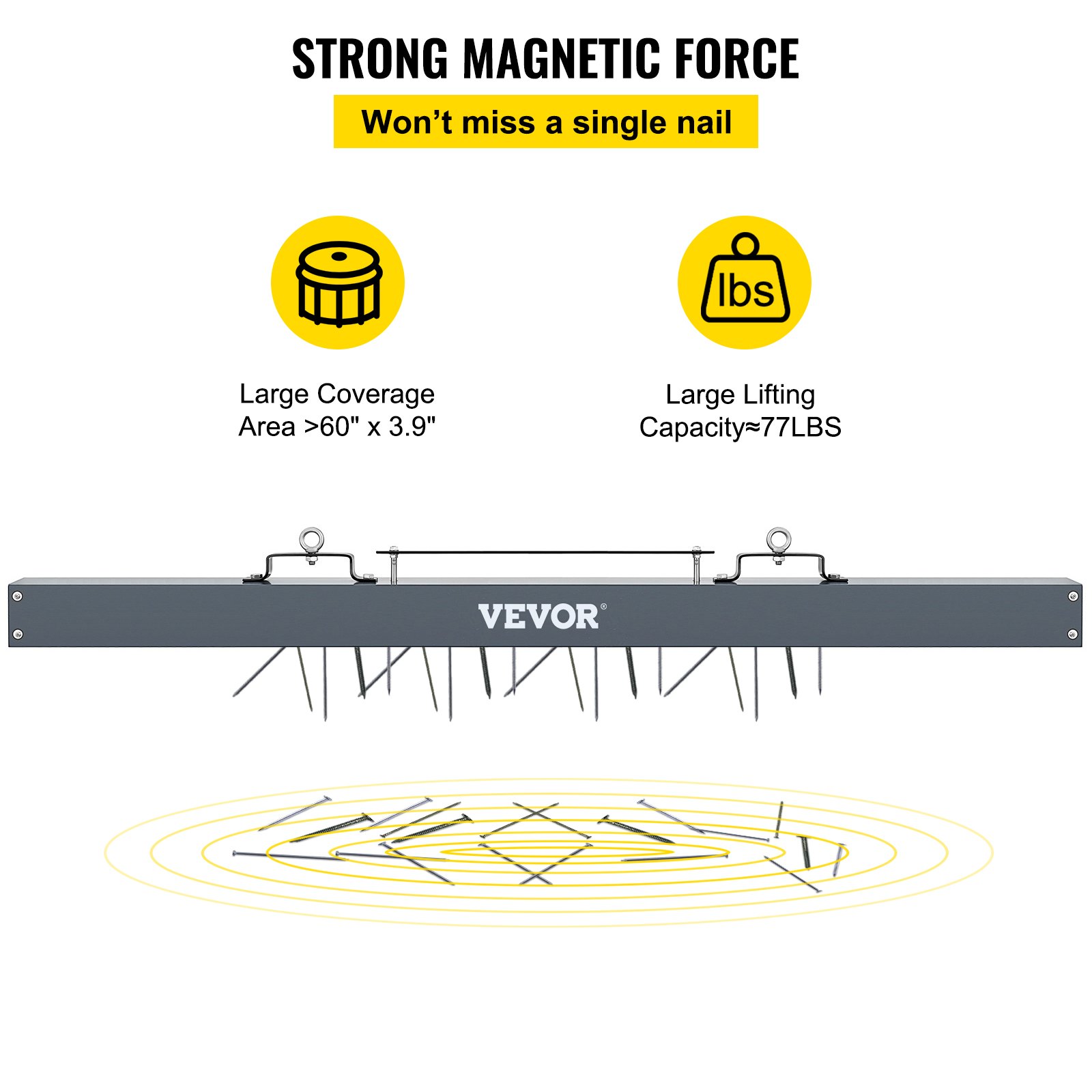 Barredora magnética colgante VEVOR de 60 pulgadas, barredora magnética de 78 libras, barredora magnética para montacargas, imanes industriales, material de acero, accesorios de caza para recoger clavos, pernos, virutas de hierro