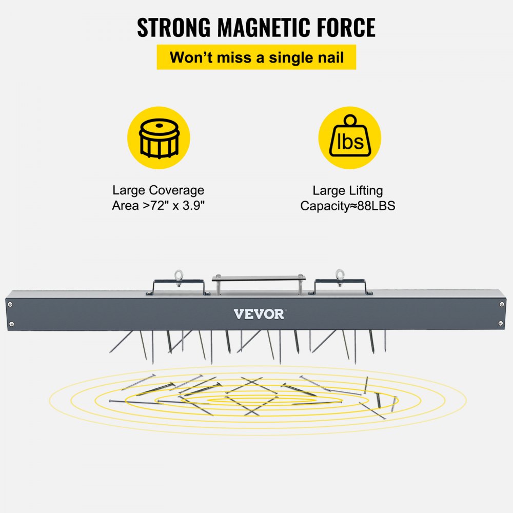 VEVOR Barredora magnética 72 pulgadas Barredora magnética colgante 89 LBS Barredora magnética para montacargas Imanes industriales Material de acero Accesorios de caza para recoger clavos, pernos, virutas de hierro