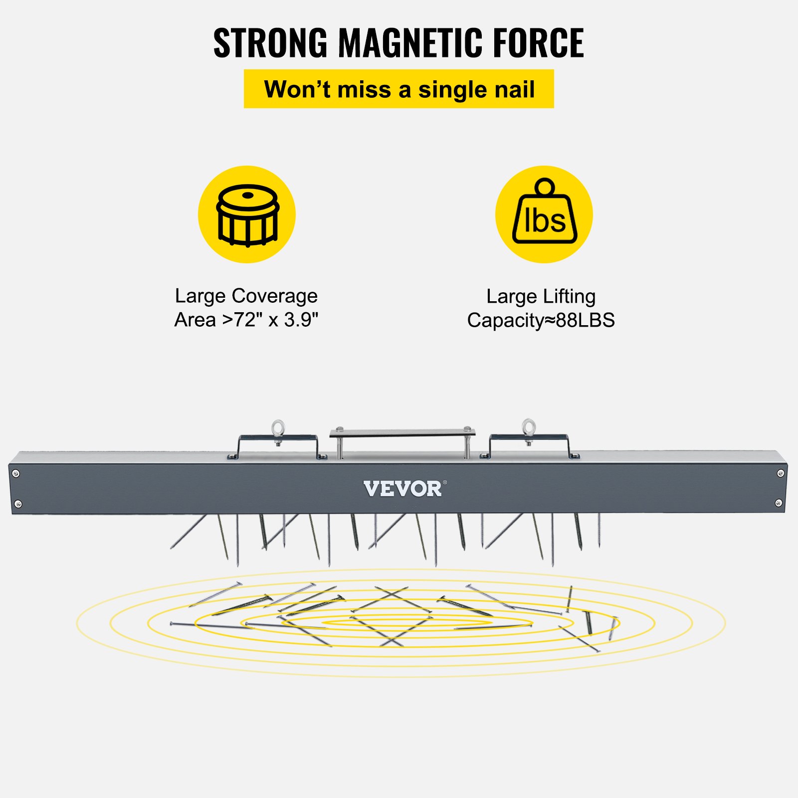 VEVOR Barredora magnética 72 pulgadas Barredora magnética colgante 89 LBS Barredora magnética para montacargas Imanes industriales Material de acero Accesorios de caza para recoger clavos, pernos, virutas de hierro