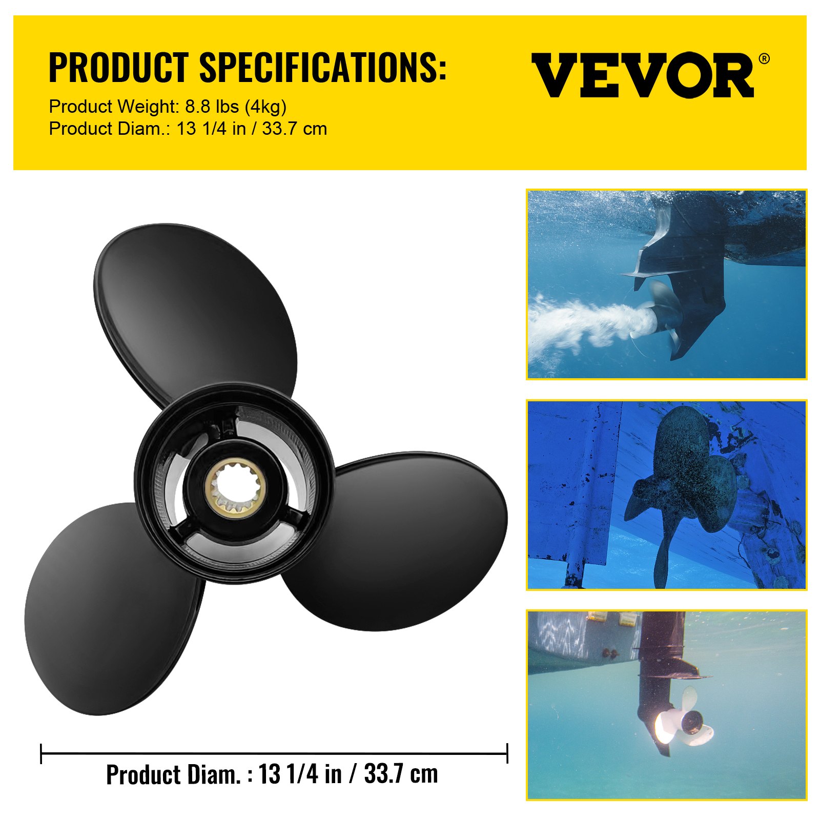 Hélice fuera de borda VEVOR con 3 palas, especificaciones del producto y uso submarino mostrado.