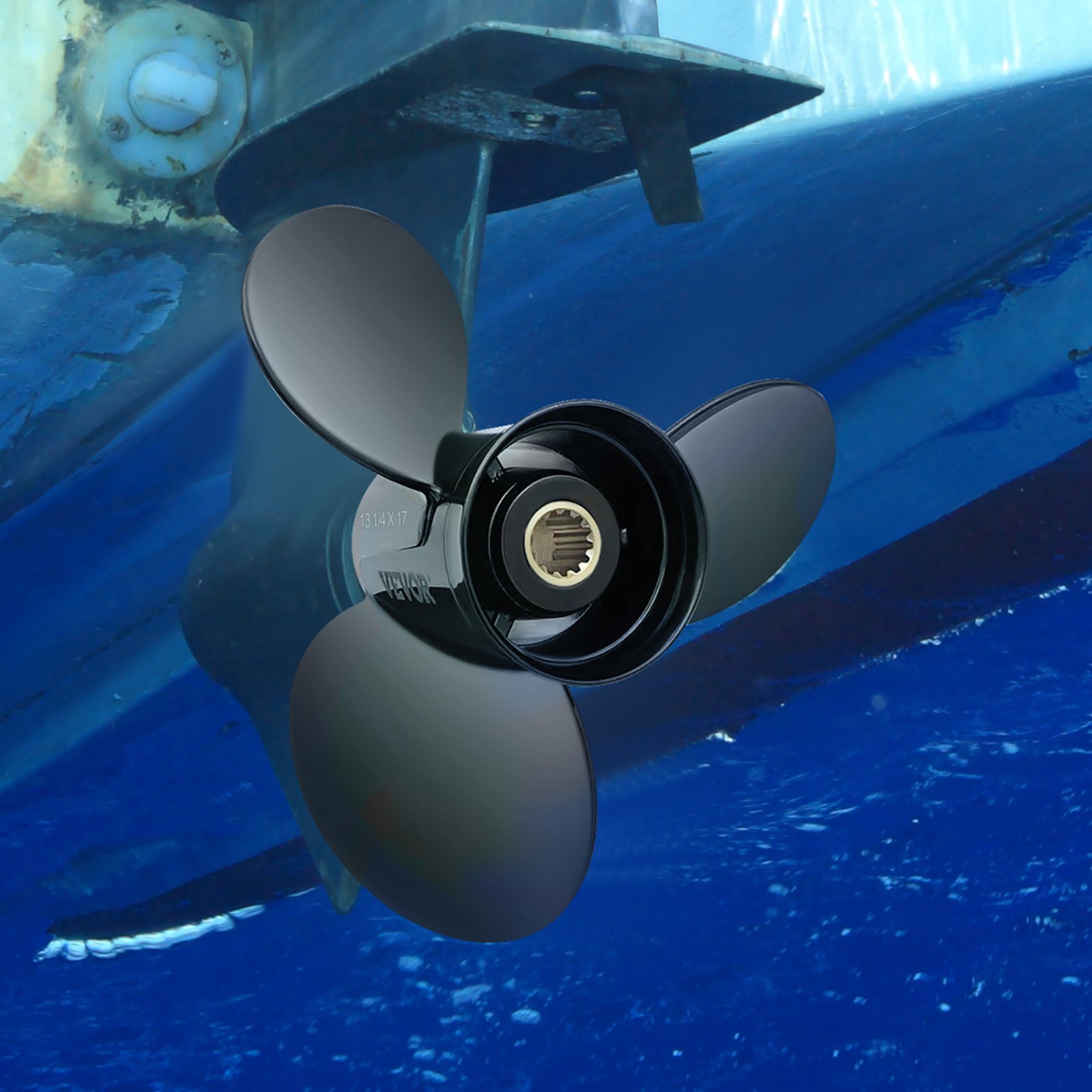 Hélice fueraborda VEVOR en configuración submarina unida al motor del barco, primer plano.