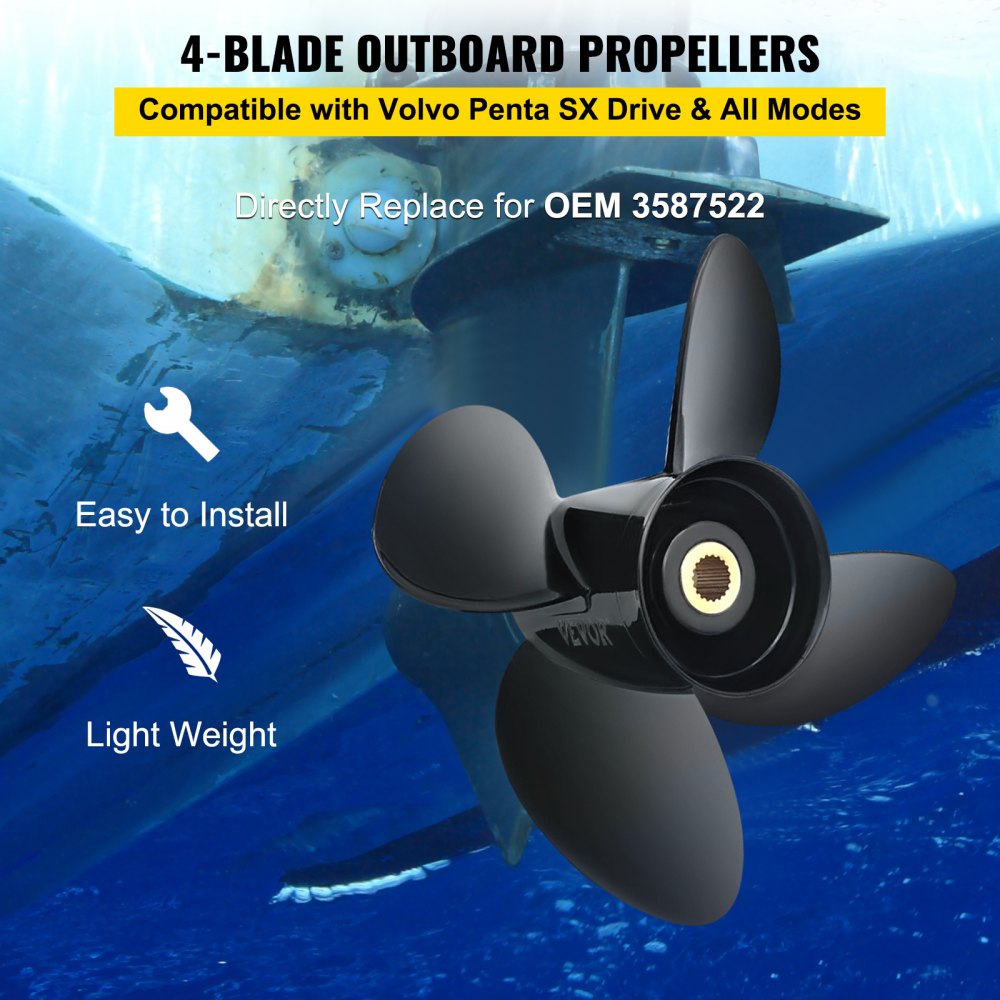 VEVOR Hélice fueraborda, reemplazo para OEM 3587522, hélice de barco de aluminio de 4 palas de 14 1/4 x 19 pulgadas, compatible con Volvo Penta SX Drive todos los modelos, con 19 estrías de dientes, R