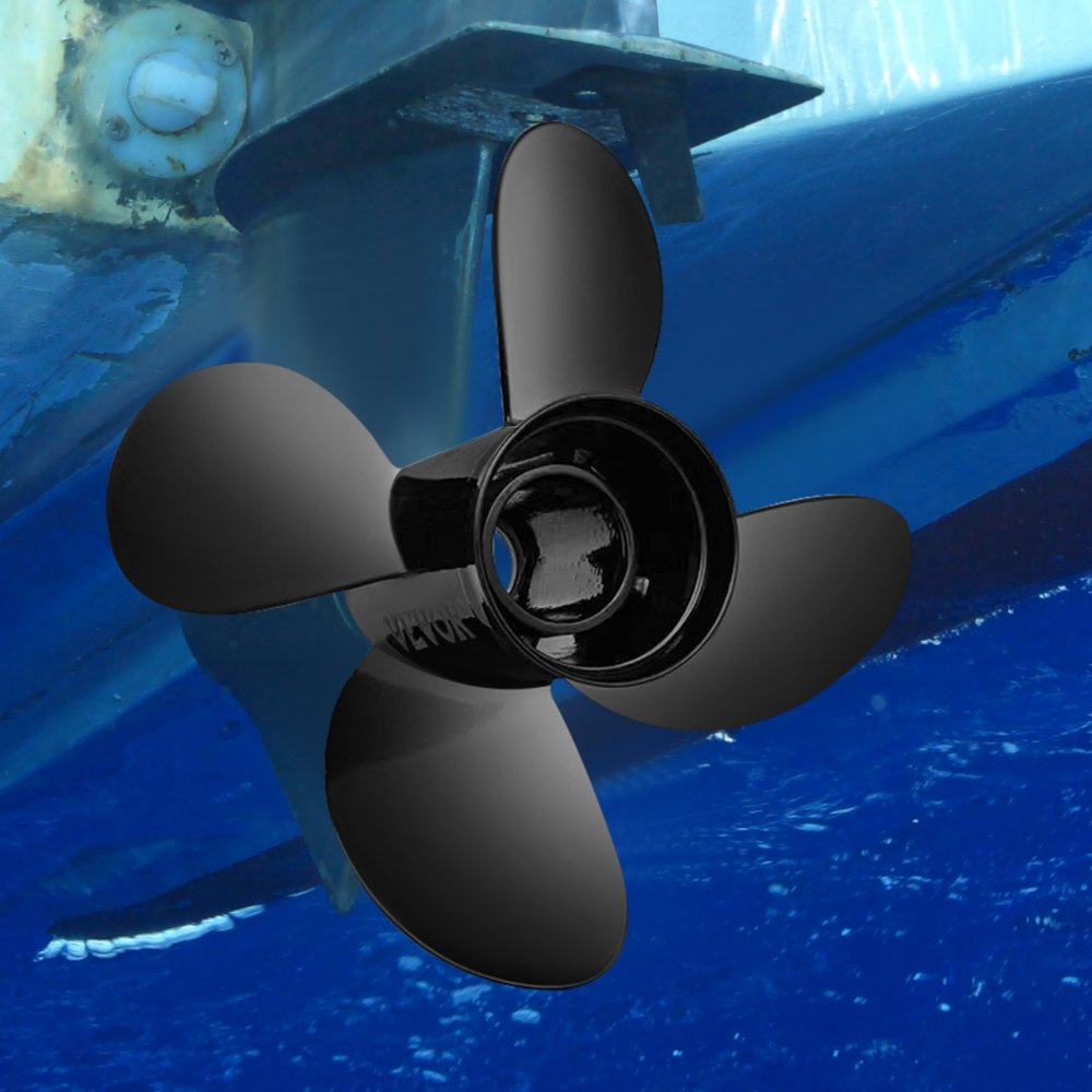 Hélice fueraborda VEVOR negra submarina, que muestra un diseño elegante y fijación a la embarcación.