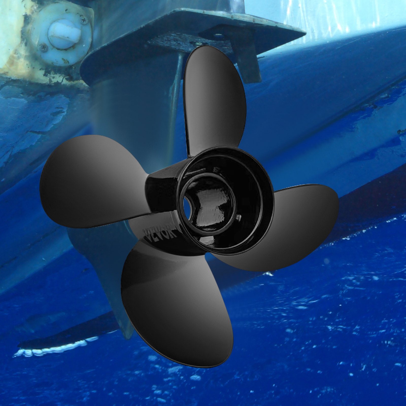 Hélice fueraborda VEVOR negra submarina, que muestra un diseño elegante y fijación a la embarcación.