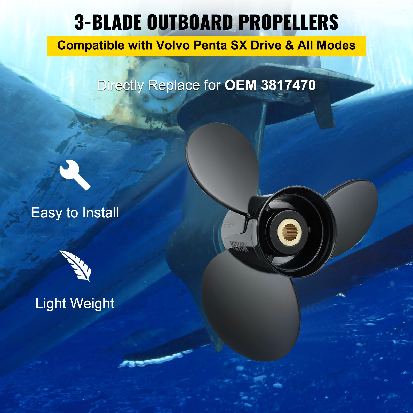 Hélice fueraborda VEVOR, 3 palas, compatible con Volvo Penta SX Drive, fácil de instalar, liviana.