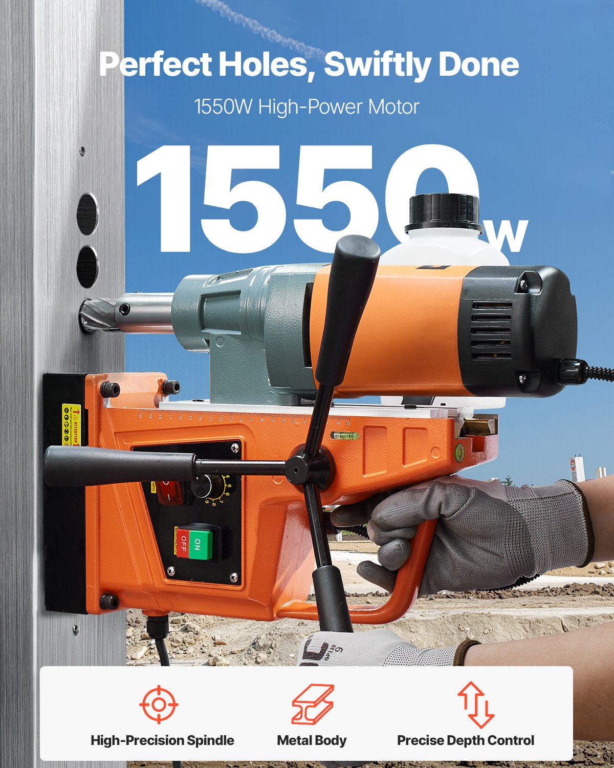 VEVOR Taladro magnético, 1550 W 2 pulgadas de diámetro de perforación, 2922 lbf/13000 N 500 RPM Taladro eléctrico portátil con velocidad variable, máquina perforadora para cualquier superficie de mejora del hogar industria ferroviaria