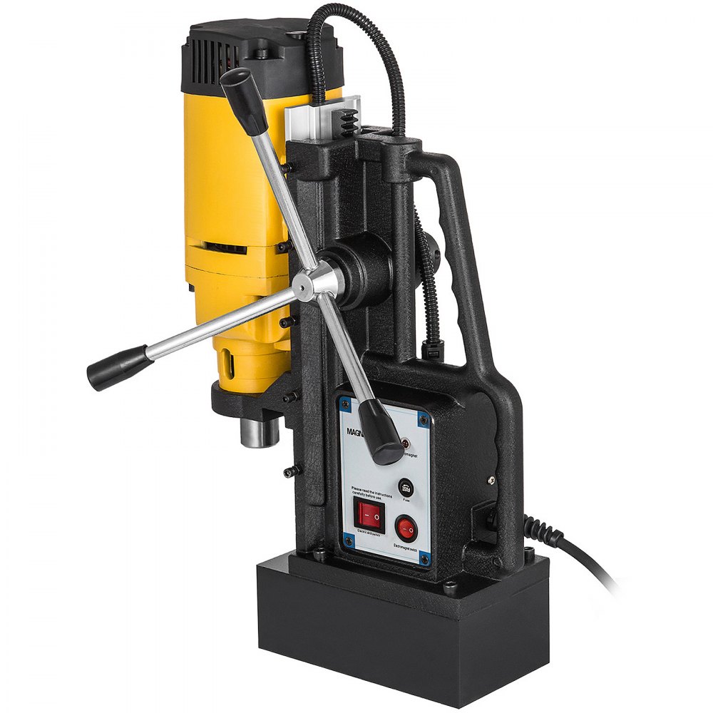 Taladro de columna magnético VEVOR con cuerpo amarillo y negro y panel de control