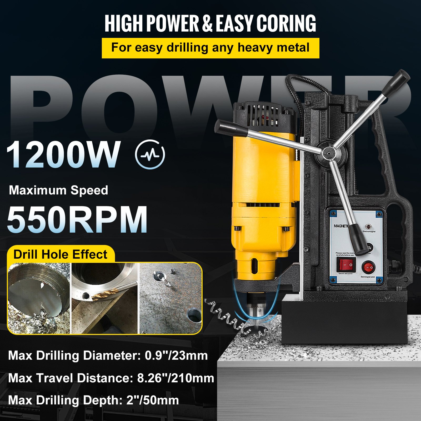 Taladro magnético VEVOR, 1200w de potencia, 550rpm, diámetro máximo 23mm, profundidad 50mm.