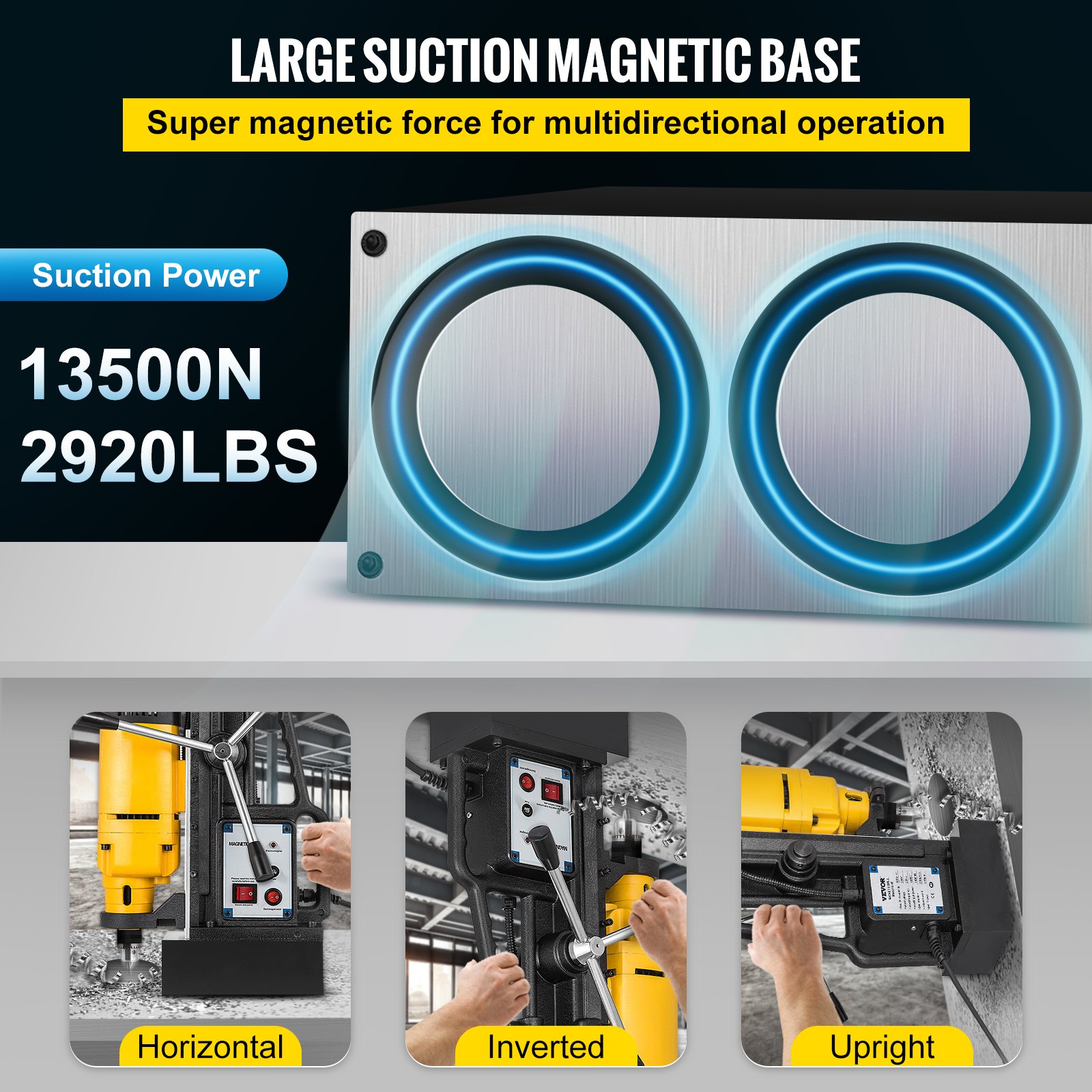 Taladro magnético VEVOR con gran base magnética, potencia de succión de 13500n, múltiples orientaciones.