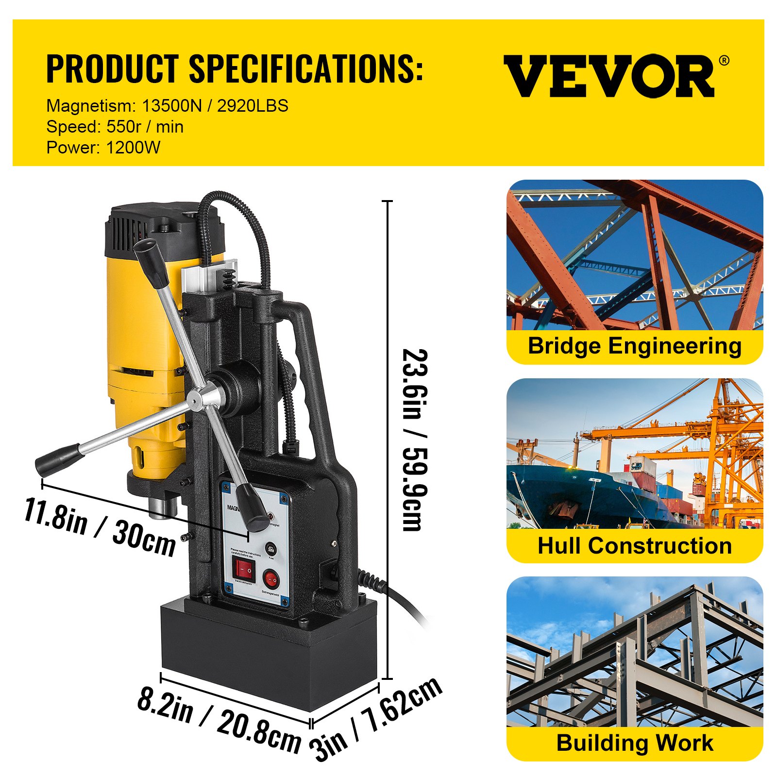 Taladro magnético VEVOR con especificaciones de producto y aplicaciones en ingeniería de puentes, construcción de cascos y obras de edificación.