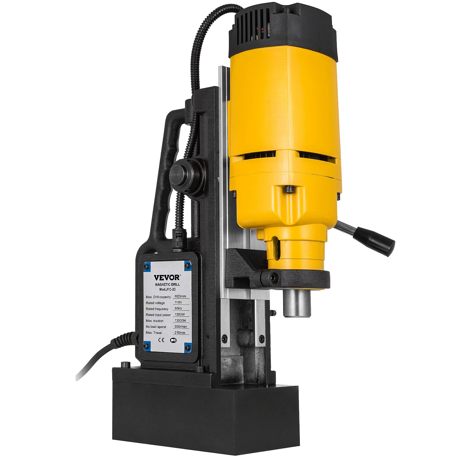 Taladro magnético VEVOR con motor amarillo y base negra.