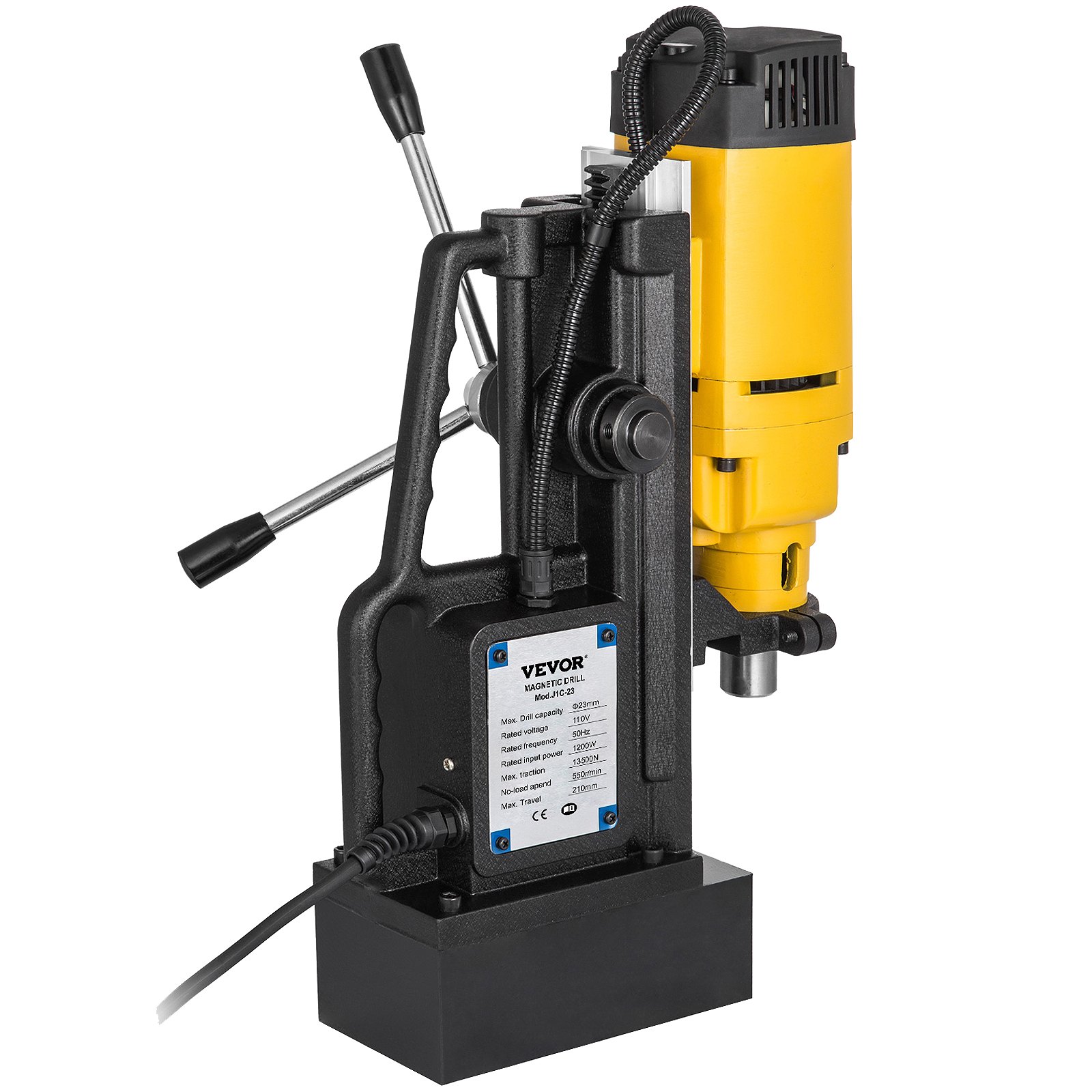 Taladro magnético VEVOR con motor amarillo y cuerpo negro.