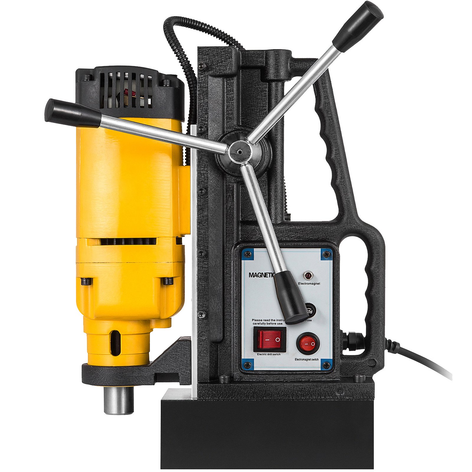 Taladro magnético VEVOR con motor amarillo y panel de control negro.