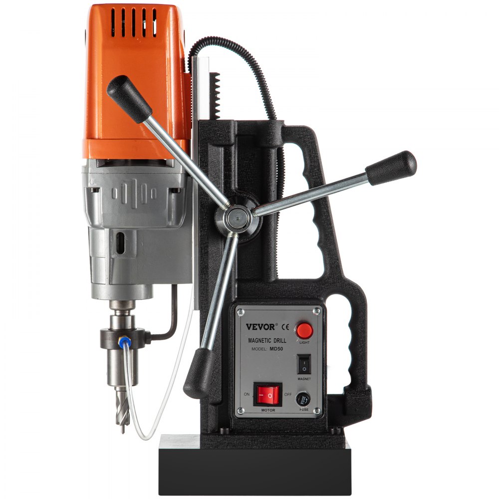 Taladro magnético VEVOR con parte superior naranja y panel de control, modelo md50.