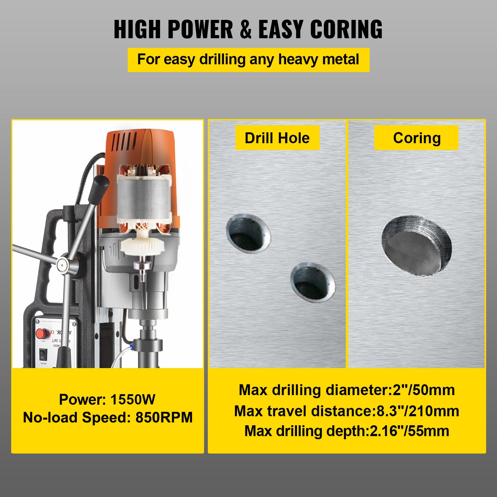 Taladro magnético VEVOR con potencia de 1550w para perforación y extracción de metales pesados.