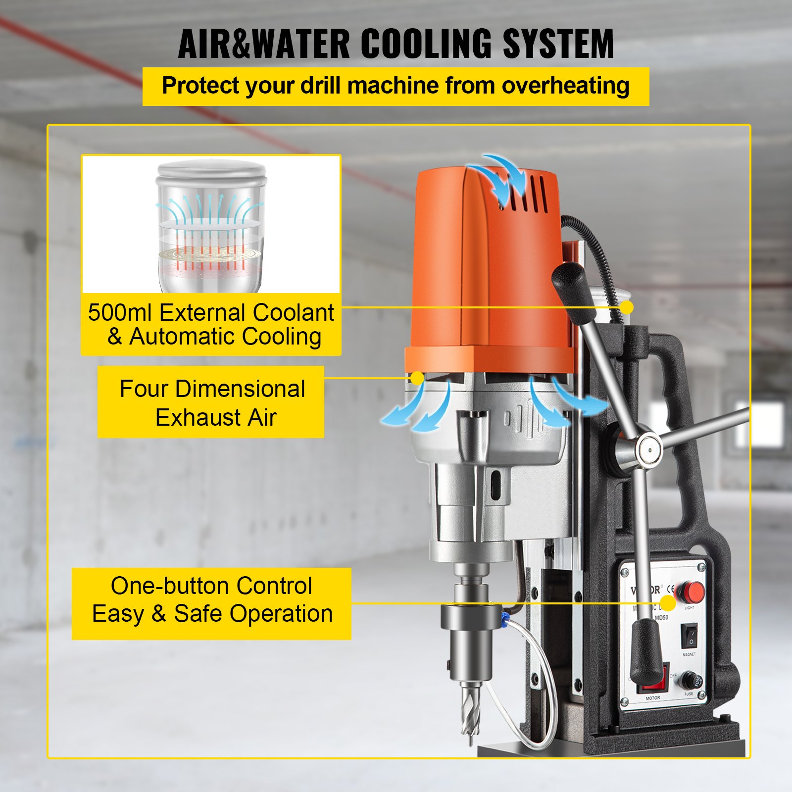 Taladro magnético VEVOR con sistema de refrigeración por aire y agua, refrigerante externo y funcionamiento seguro.