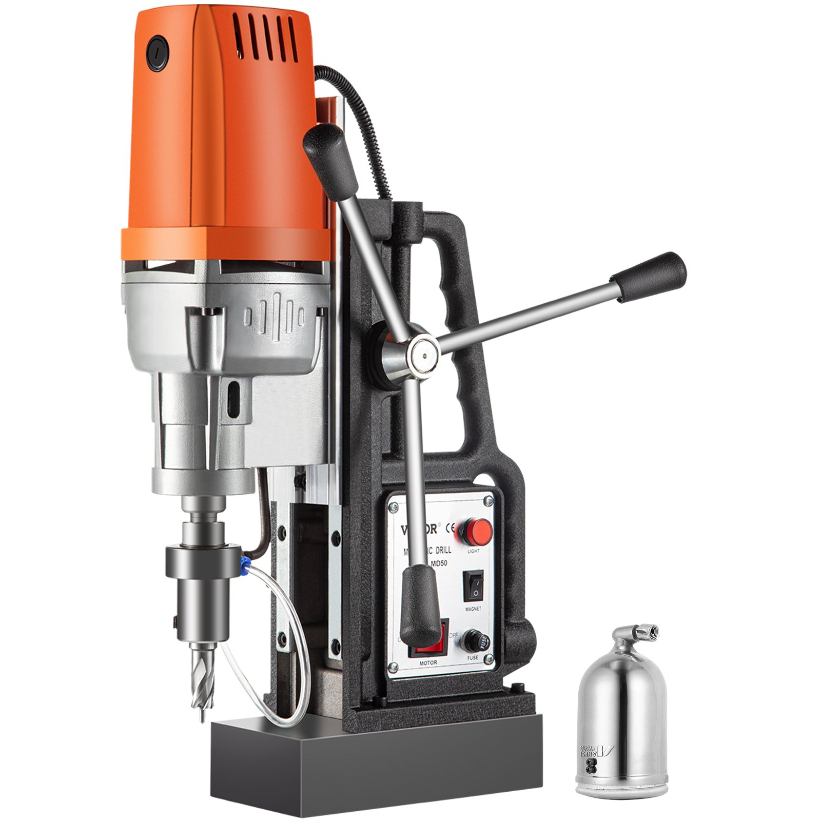 Taladro magnético VEVOR con carcasa naranja y panel de control, vista lateral.
