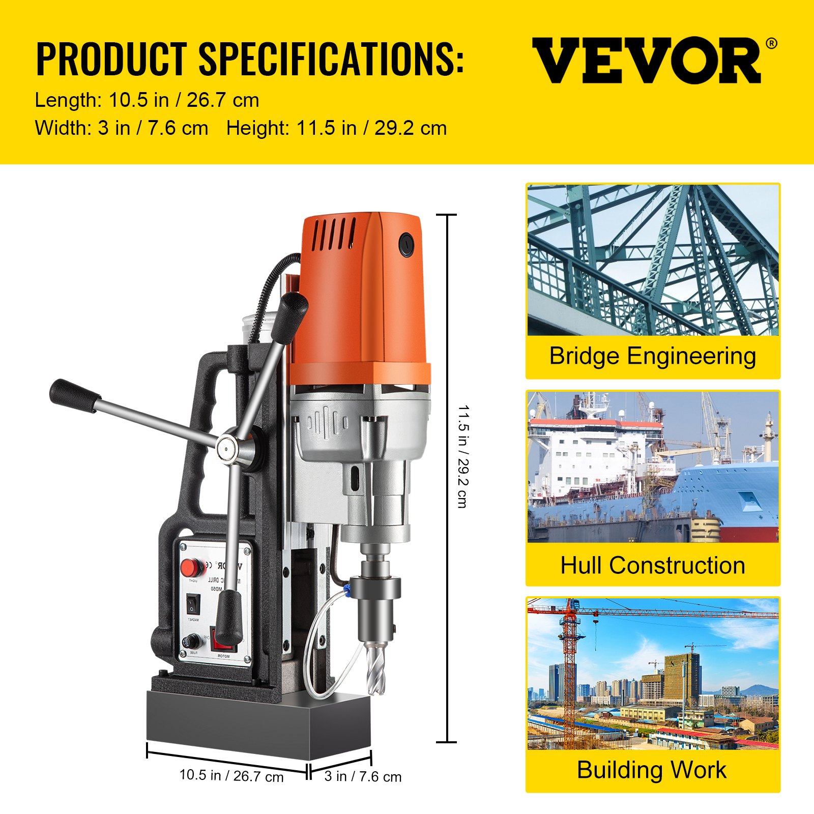 Taladro de columna magnético VEVOR de 1450 W con diámetro de perforación de 2 pulgadas, máquina de corte anular, 2900 lb, 6 brocas de corte anular HSS, máquina de perforación de 850 RPM para cualquier superficie, industria de mejoras para el hogar, ferrocarril